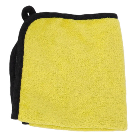Soft yellow microfiber cleaning cloth with black trim, perfect for polishing and detailing tasks.