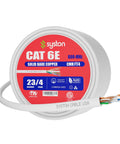 Cat6e Ethernet Cable For Indoor Outdoor Use From 50 Ft To 1000 Ft Range 600MHz 23AWG Solid Bare Copper Wire Heat Resistant Riser Rated CMR Network Cable Built For High Speed And Safe Home Or Office Installations coil with label visible