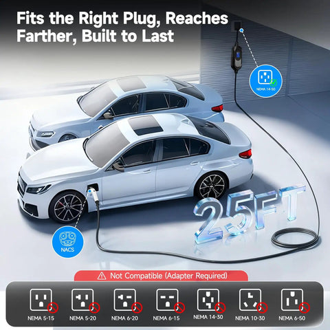 Two electric cars charging with Tesla Level 2 EV Charger 40 Amp 240V NEMA 14-50 Plug, 25ft cable shown, adjustable current