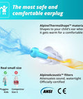Illustration showing Pluggies Kids Ear Plugs For Small Ear Canals With 25 dB Noise Reduction and features like ThermoShape material.