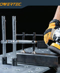 2 Pack T-Handle Welding Clamps Set With 8 Inch Opening And 4 Inch Throat Heavy-Duty Bench Clamps For Five-Eighths Inch Welding Table Holes Delivers Up To 400 Lbs Clamping Force on a metal surface next to a person using a tool.