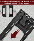 Door Hinge Mortiser Kit With Router Template for 1/4 and 5/8 inch round or square corner hinges on gray background.