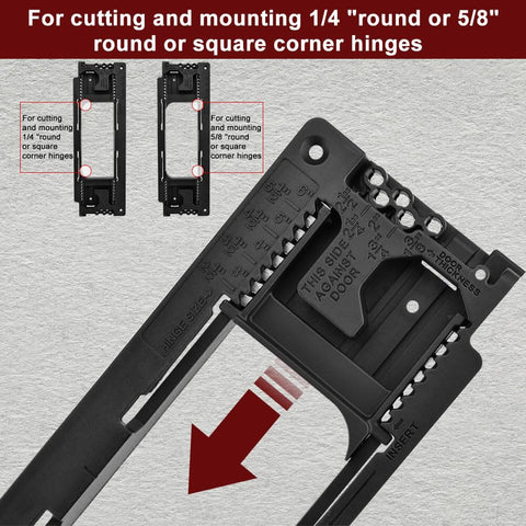 Door Hinge Mortiser Kit With Router Template for 1/4 and 5/8 inch round or square corner hinges on gray background.