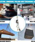 Image showing Heavy Duty Come Along Winch With 5 Ton Capacity And 10 ft Steel Cable Three Hooks Dual Gear System in action for lifting and pulling various loads.