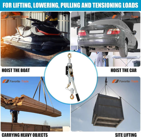 Image showing Heavy Duty Come Along Winch With 5 Ton Capacity And 10 ft Steel Cable Three Hooks Dual Gear System in action for lifting and pulling various loads.