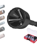 Jerax tungsten carbide deburring tool set for inner and outer chamfers with quick-release hex shank and red case.