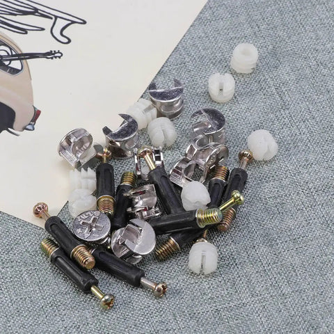 Cam Lock Fasteners Connector Set Including 32 Plastic Dowels, 24 Cam Bolts, And 24 Nuts For Cabinet And Wardrobe Assembly