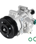 Premium AC Compressor With Clutch Assembly Fits Toyota Corolla And Matrix 1.8L close-up view with black pulley and green o-rings.