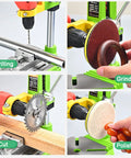 Premium Piefeak Drill Press Stand With Solid Vice And Workbench Multifunction Benchtop Pillar Tool shown in drilling, cutting, grinding, and polishing actions.