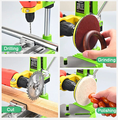 Premium Piefeak Drill Press Stand With Solid Vice And Workbench Multifunction Benchtop Pillar Tool shown in drilling, cutting, grinding, and polishing actions.