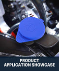 Installed Two Pack Pro Grade Washer Fluid Cap for Ford Focus and Transit Connect, blue waterproof cap shown in vehicle.
