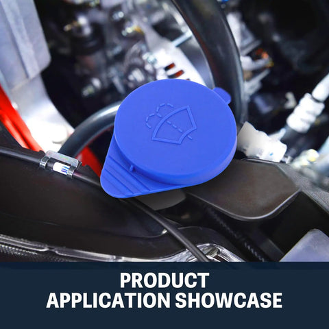 Installed Two Pack Pro Grade Washer Fluid Cap for Ford Focus and Transit Connect, blue waterproof cap shown in vehicle.