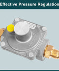 Angled front view of natural gas pressure regulator with brass flare fittings and silver adjustment knob