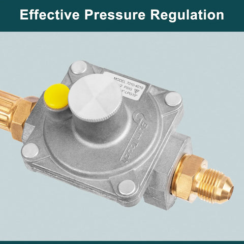 Angled front view of natural gas pressure regulator with brass flare fittings and silver adjustment knob