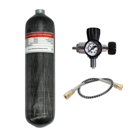 Carbon Fiber Air Tank 4500 PSI 3L With PCP Paintball Filling Station And Pressure Gauge Regulator displayed with components.