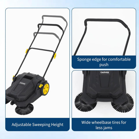 26 Inch Manual Push Floor Sweeper With 5 Gallon Waste Bin, Heavy Duty Walk Behind Hand Sweeper For Industrial Shop And Garage Use, Foldable Handle Design Perfect For Outdoor Street Cleaning Tasks