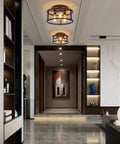 Dope Black Farmhouse 3 Light Ceiling Light Fixture Semi Flush Mount For Kitchen Island Bedroom Living Room Entryway Foyer Hallway E26 Base Industrial Style Metal installed in a modern hallway, illuminating the space with warm light.