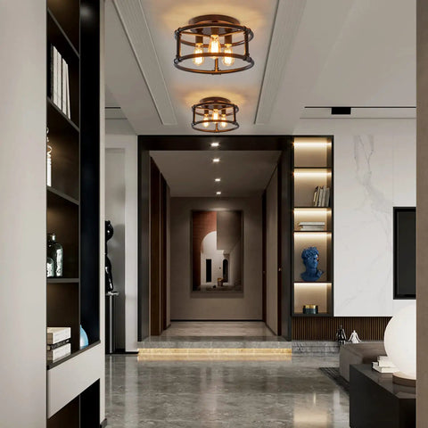 Dope Black Farmhouse 3 Light Ceiling Light Fixture Semi Flush Mount For Kitchen Island Bedroom Living Room Entryway Foyer Hallway E26 Base Industrial Style Metal installed in a modern hallway, illuminating the space with warm light.