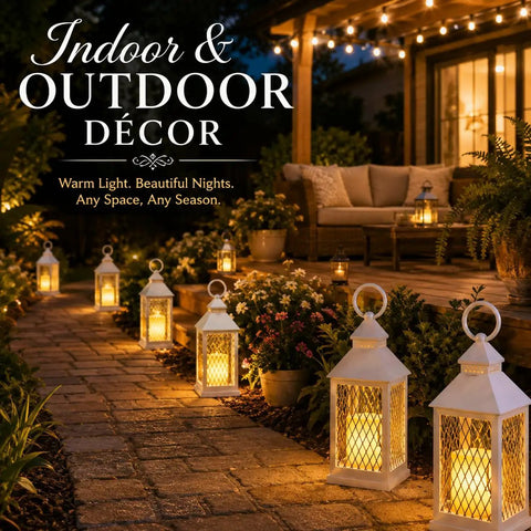 Cozy outdoor setting with Farmhouse 12 Piece Lantern Set With 10 Inch Decor Lanterns Flameless LED Candles And 5 Hour Timers