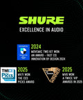 Shure awards banner for excellence in audio, highlighting achievements in 2024 and 2025.