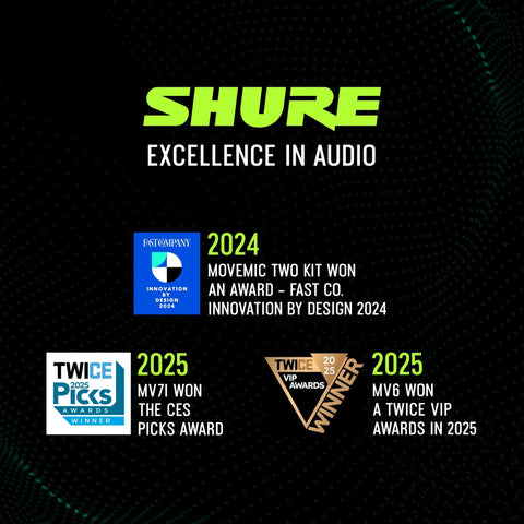 Shure awards banner for excellence in audio, highlighting achievements in 2024 and 2025.