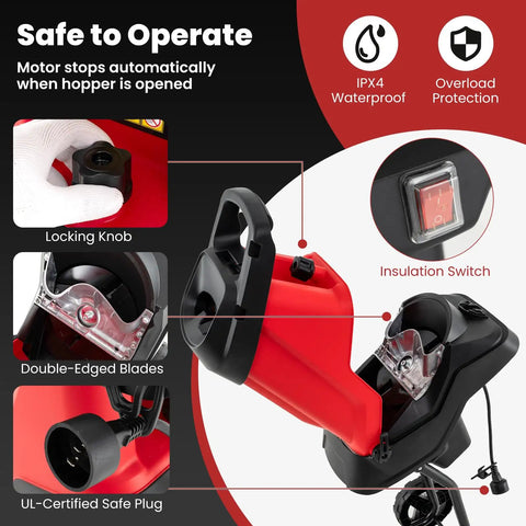 Powerful 15 Amp Corded Wood Chipper Shredder With 15 To 1 Reduction showing locking knob, double-edged blades, and insulation switch