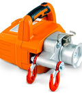 SuperHandy Portable Capstan Winch 2000 Lb Pull DC 48V Brushless Motor showing orange housing and two hooks for heavy-duty use.
