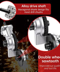 Close-up of powerful and effortless heavy duty drill metal cutter attachment with alloy drive shaft and double wheel sawtooth.