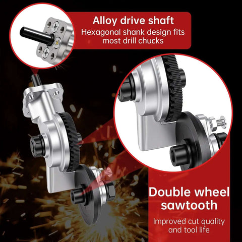 Close-up of powerful and effortless heavy duty drill metal cutter attachment with alloy drive shaft and double wheel sawtooth.