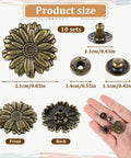 10 Sets Vintage Flower Snap Buttons For Leather And Fabric Metal Zinc Alloy Button Fasteners Dope Flower Craft Snaps shown in bronze with size details