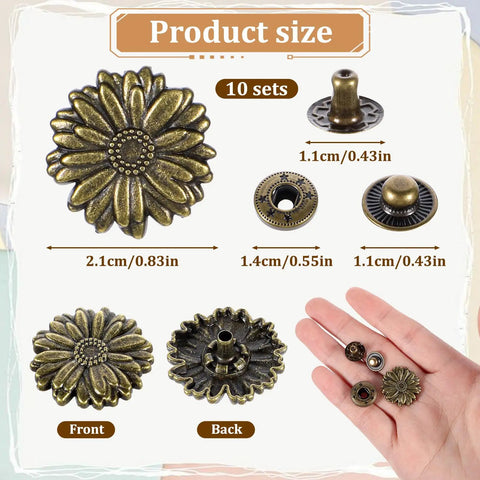 10 Sets Vintage Flower Snap Buttons For Leather And Fabric Metal Zinc Alloy Button Fasteners Dope Flower Craft Snaps shown in bronze with size details