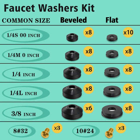 Beveled and flat washers in 258 Piece Faucet And Plumbing Rubber Washer Kit In 32 Sizes For Garden Hose Valves Spigots.