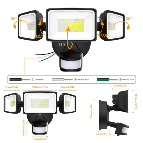 Heavy Duty 75 Watt LED Flood Light With Motion Sensor And Dusk To Dawn Delivering 7000 Lumen Blazing Bright Output Featuring An Adjustable Triple Head Setup That Rocks In Bad Weather And Tops Off Your Outdoor Yard Security