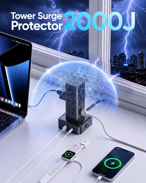 Straight Up Essential Heavy Duty Vertical Power Strip Tower With Twelve AC Outlets And Four USB Ports Features Dual USB C Fast Chargers And Six Foot Cord For Super Easy Desk Organization with devices charging.