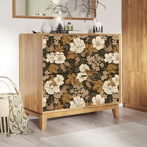 Fresh Black And Brown Vintage Floral Peel And Stick Wallpaper Removable Contact Paper For Cabinets And Drawers Renter Friendly Wall Decor For Bathroom Kitchen And Bedroom Seventeen Point Five Inches By One Hundred Eighteen Inches applied on a dresser with floral design