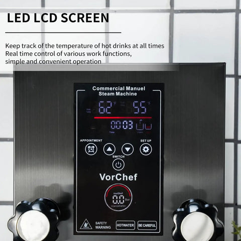 Close-up of LED display on Barista Grade Four In One Commercial Milk Frother 2500W 110V With Automatic Steam Milk Frothing Tea Infusion And Water Boil Machine