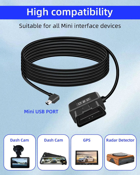 OBD2 To Mini USB Power Cable For Dash Cam With Right Angle USB Adapter Hardwire Charger Switch 24 Hour Surveillance Dual Mode 12V 24V To 5V 3A Eleven Point Five Feet Cable