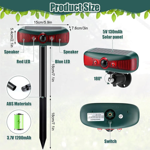 Solar Powered Outdoor Alarm Motion Sensor With 129dB Siren, Ultrasonic Detector And Strobe Light, 4 Modes For Critter Deterrent, Waterproof Security System For Home And Farm (Red) shown with 15cm size