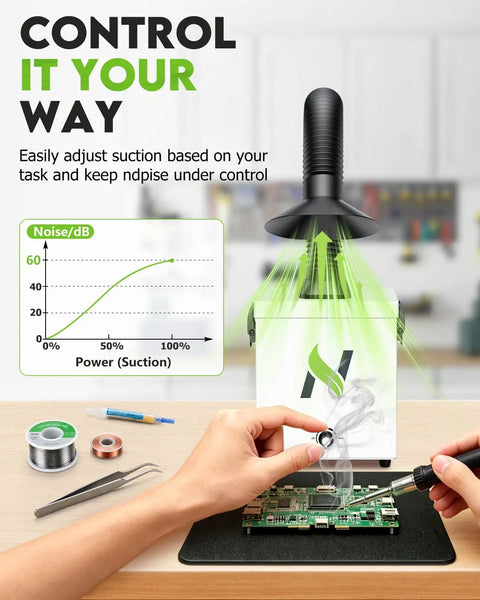 Solder Fume Extractor With Adjustable Suction 168 Cubic Meters Per Hour H13 HEPA Purification 99.99 Percent Compact Desktop Smoke Absorber in use