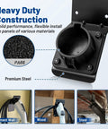 Kickass Ev Charger Holder For Sae J1772 Wall Mount, showcasing heavy duty PA66 and steel materials for easy installation.