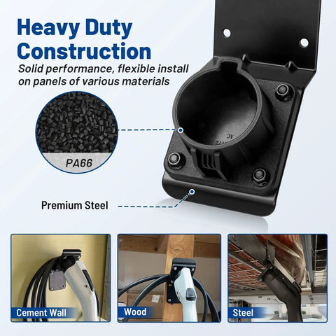 Kickass Ev Charger Holder For Sae J1772 Wall Mount, showcasing heavy duty PA66 and steel materials for easy installation.