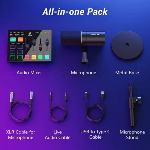 All In One Gaming Studio Audio Kit Pro USB Mixer With RGB Lights XLR Dynamic Microphone Studio Quality Voice Noise Reduction
