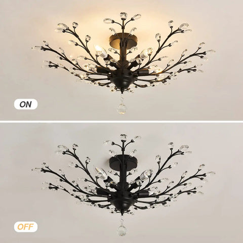 Vintage Crystal Chandelier Five Light Semi Flush Mount Ceiling Light In Black for kitchen, dining room, or hallway.