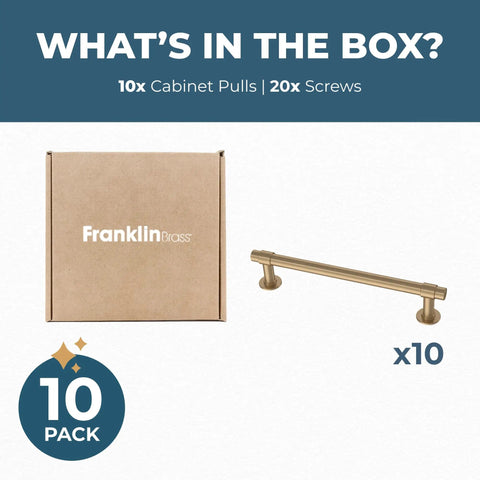 Champagne Bronze Cabinet Pulls 10-Pack, 5-1/16 Inch Hole Center, Sleek Dope Handles for Cabinets, Drawers, Kitchen Doors, Dressers, Modern Upgrade for Home Makeover shown with box and handles.