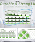 Top-Shelf Silicone Ice Cube Trays 4 Pack With Tight-Fitting Lids Easy-Peel Design in stackable freezer view.