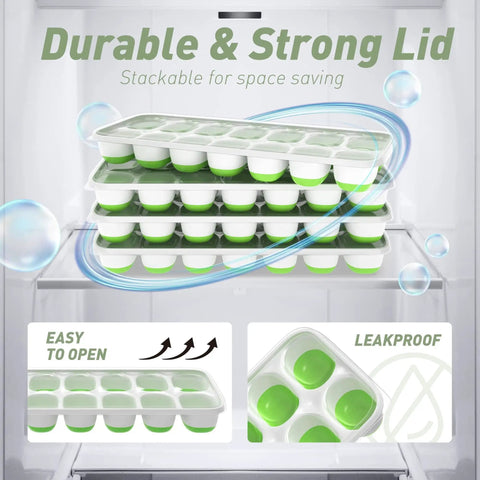Top-Shelf Silicone Ice Cube Trays 4 Pack With Tight-Fitting Lids Easy-Peel Design in stackable freezer view.