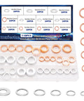 110 Piece Crush Washer Set For Oil Drain Plugs Copper And Aluminum Washers in M10-M18 sizes, displayed in storage case