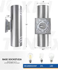 Dimensions and light socket of Two Pack Dope Outdoor Wall Light Up Down Modern Sconce With Stainless Steel Cylinder In Brushed Nickel.
