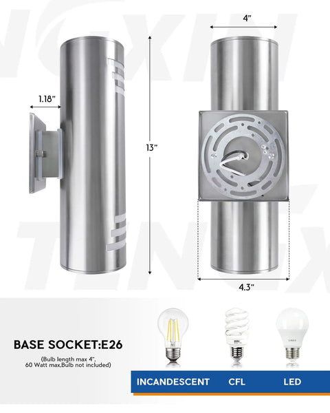 Dimensions and light socket of Two Pack Dope Outdoor Wall Light Up Down Modern Sconce With Stainless Steel Cylinder In Brushed Nickel.