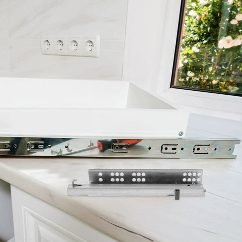 Hidden Two Part 10 Inch Slow Closing Drawer Slides with Detachable Silent Glides installed on cabinet